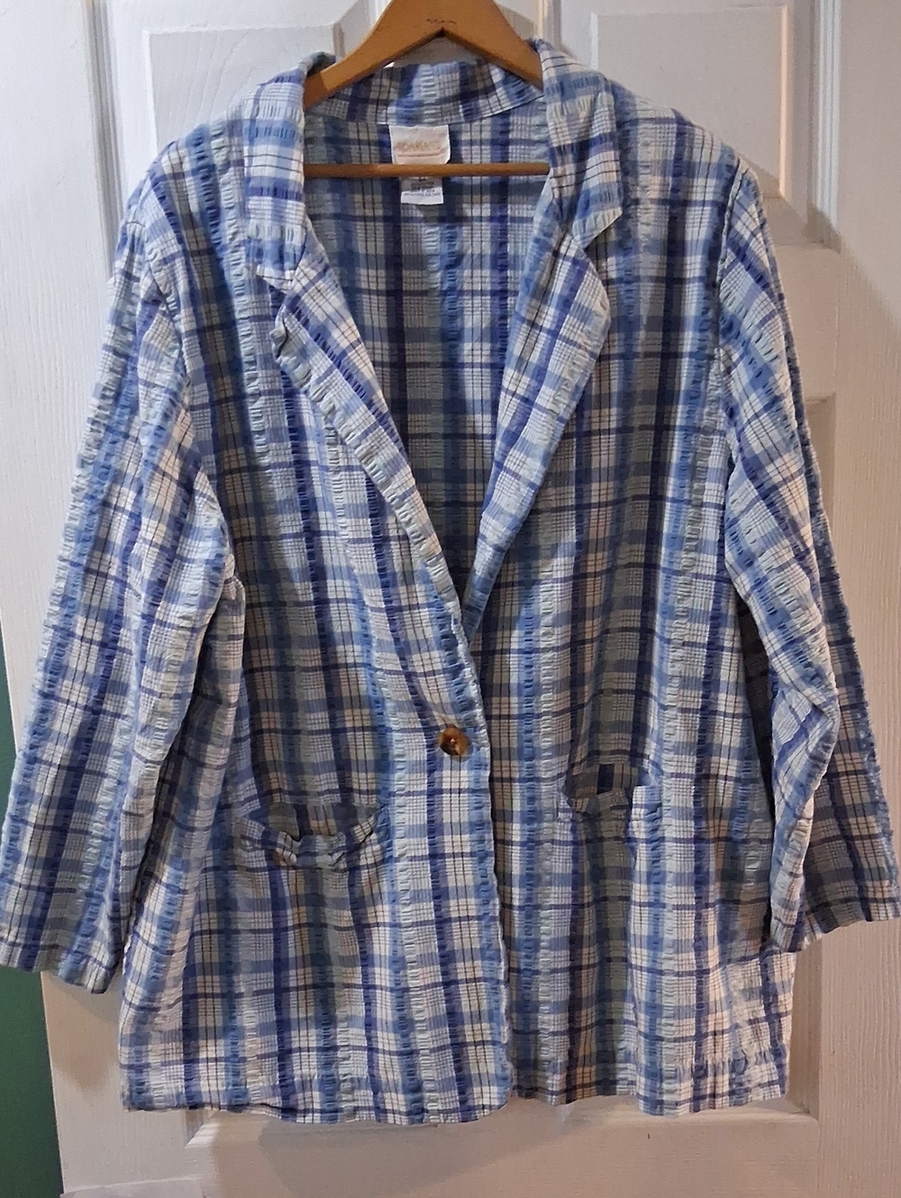 Roaman's Blue and White Plaid Lightweight Blazer 100% Cotton